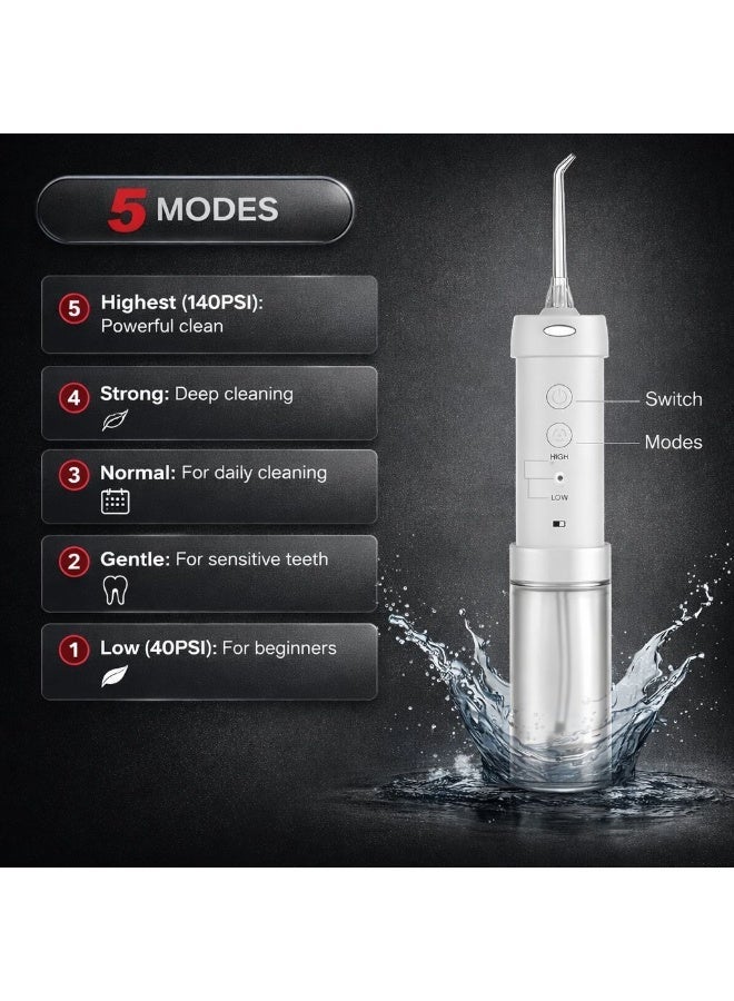 QUTEK FLUORA by Qutek Portable Water Flosser: IPX7 Waterproof Oral Irrigator, Pulse Jet Tech, 5 Modes (40-140 PSI), 200ml Tank, Type-C Rechargeable with 5 Nozzles for Braces & Gums - Image 3
